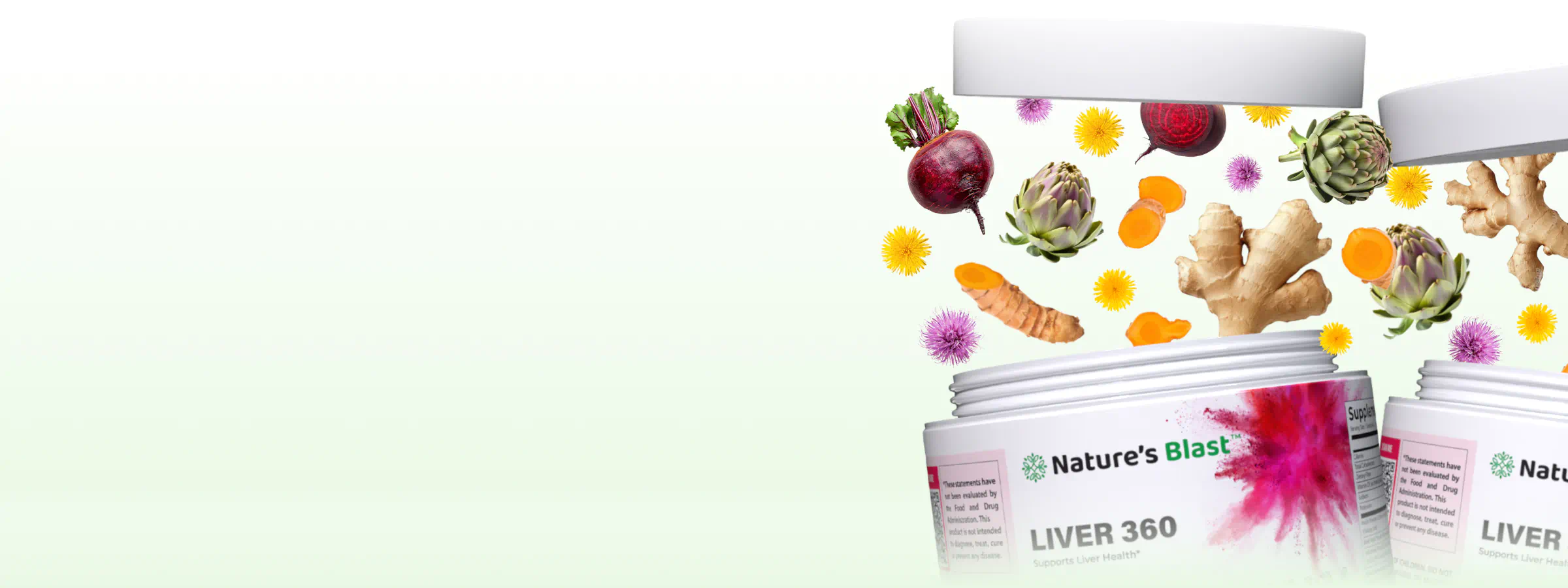 Open jars of liver detox supplements with ginger, turmeric, beets, and herbs floating above.