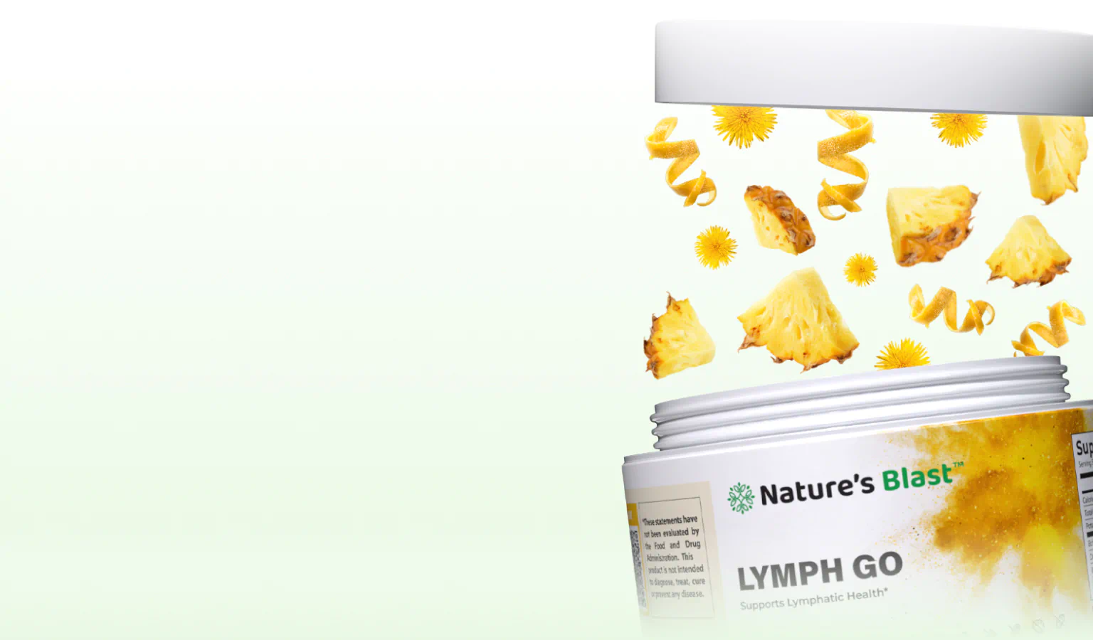 Open jars of lymphatic drainage supplements with pineapple, dandelion and