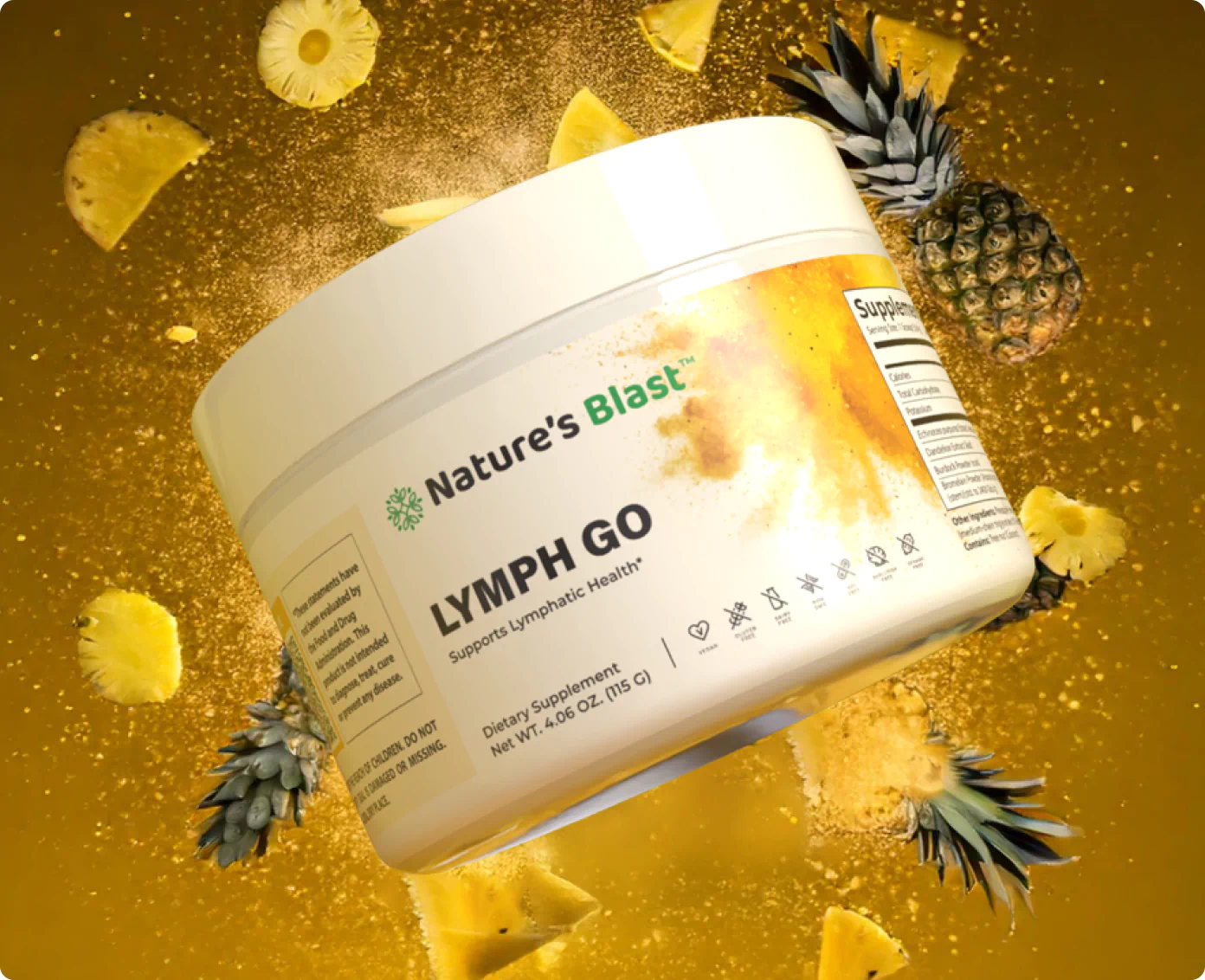 Nature's Blast lymphatic drainage supplement Lymph Go jar surrounded by floating pineapples.
