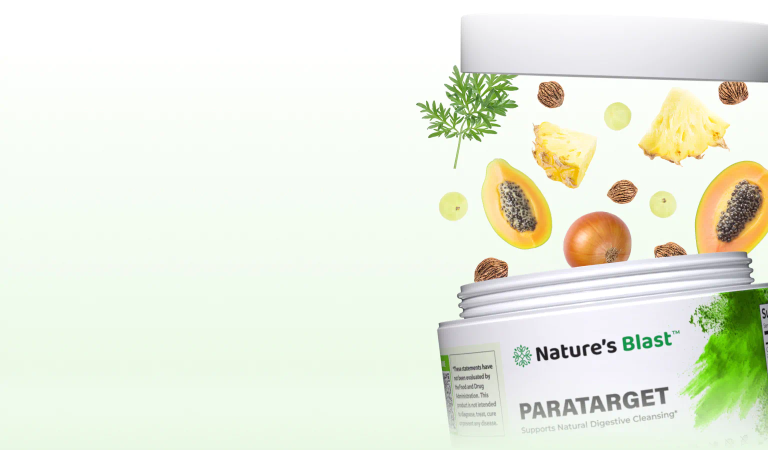Open jars of parasite detox supplements with fruit and herbs floating above.