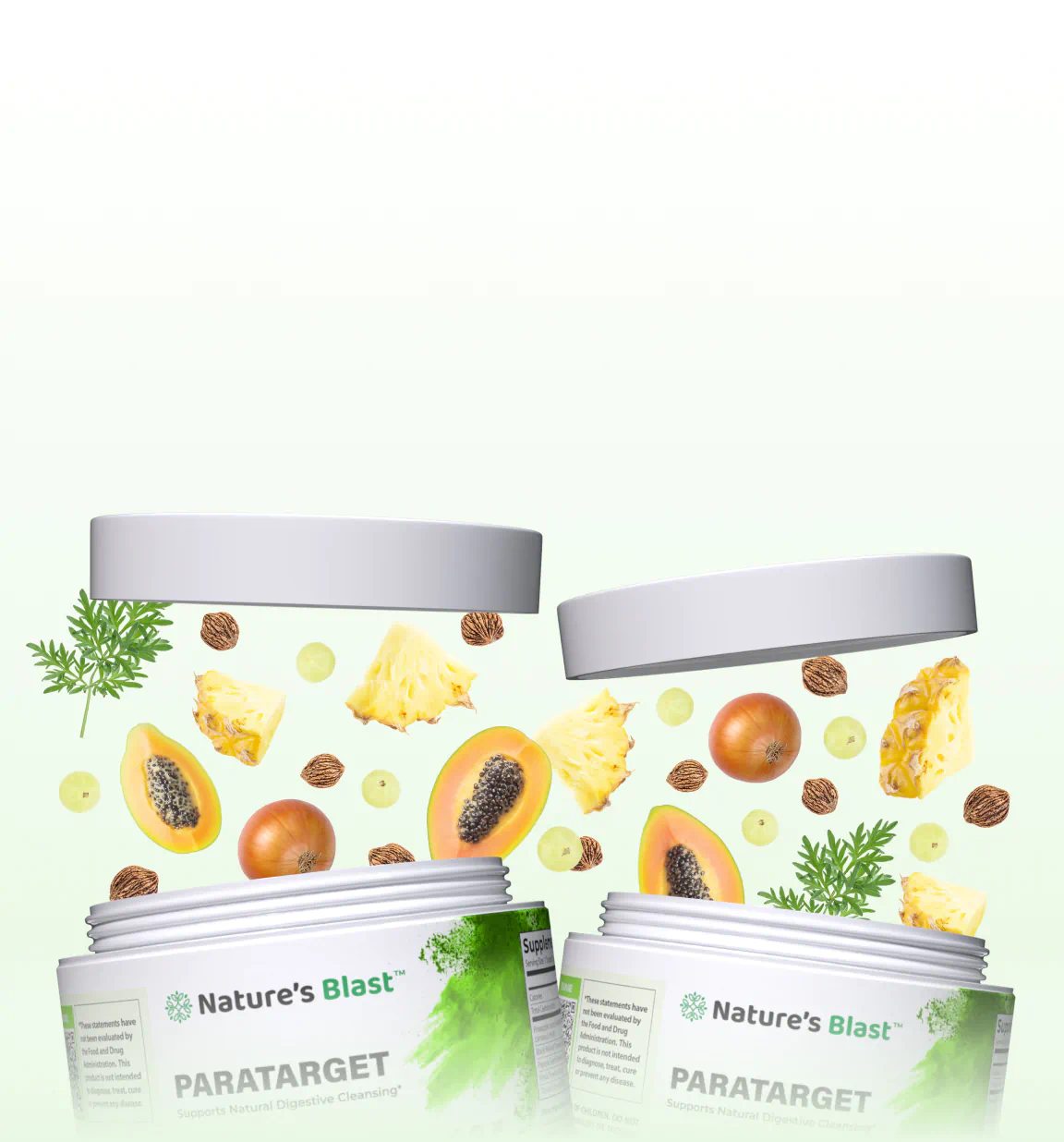 Open jars of parasite detox supplements with fruit and herbs floating above.