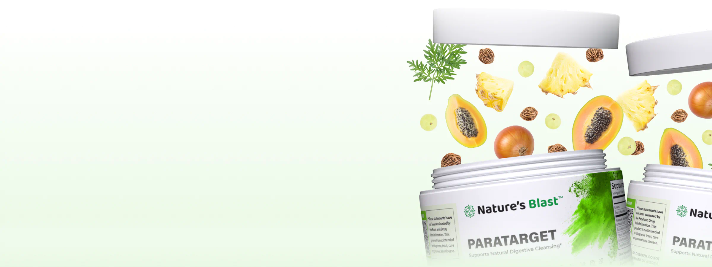 Open jars of parasite detox supplements with fruit and herbs floating above.