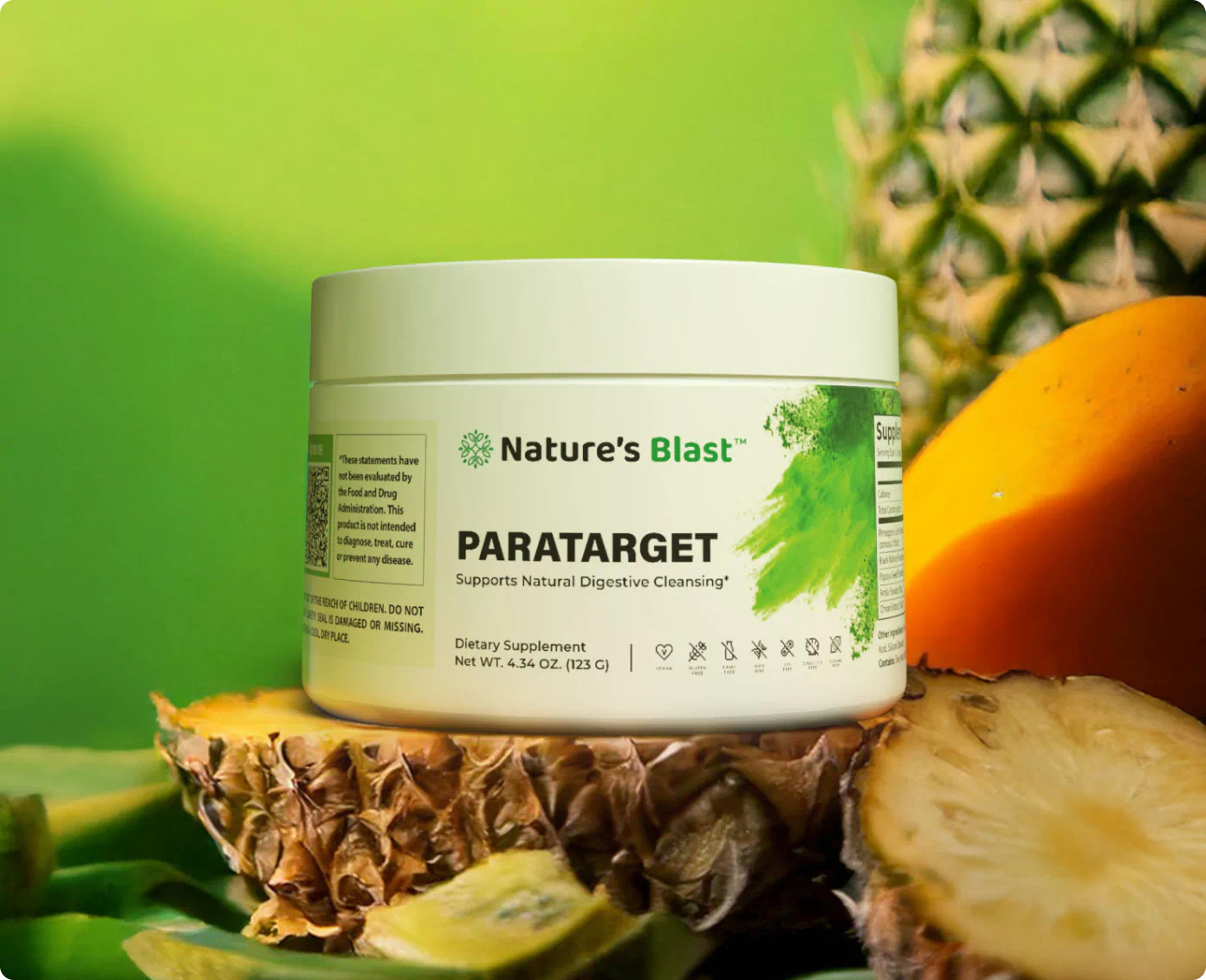 Nature's Blast parasite detox supplement Paratarget jar on a pineapple background with tropical fruits.